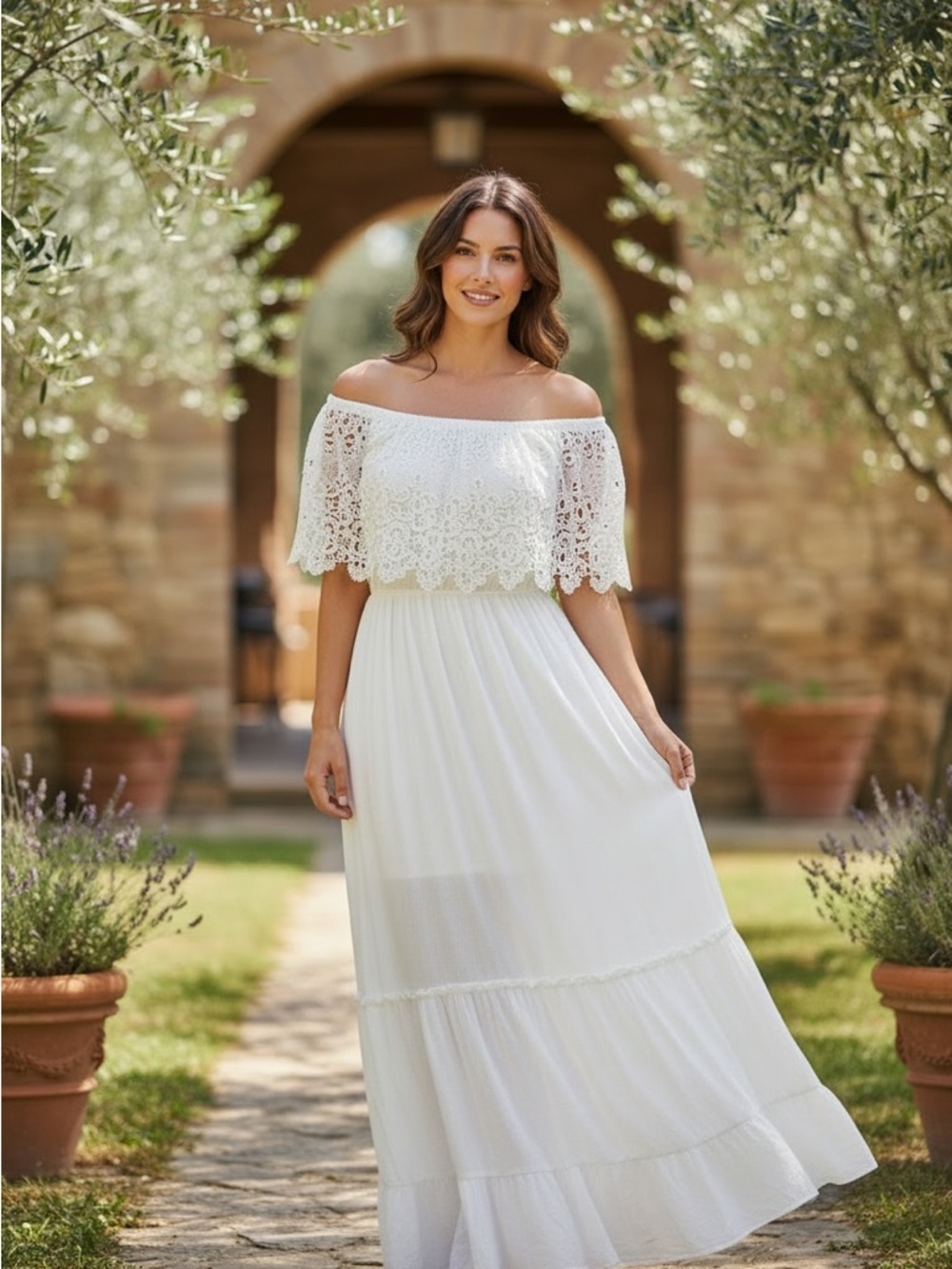 Off-Shoulder White Lace Maxi Dress-Under Skirt is Mini Length Elastic Neckline L